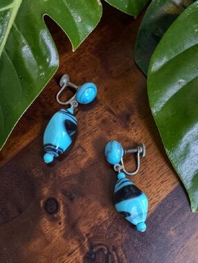 Vtg Style Turquoise and Black Bead Screw-Back Earrings